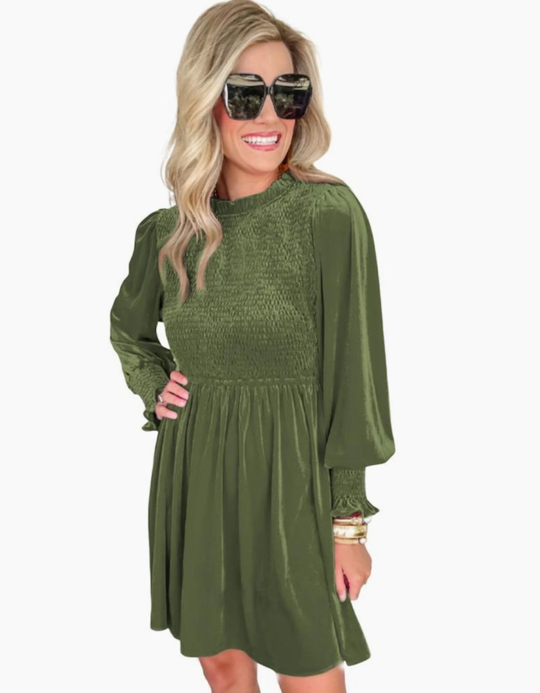 Moss Green Frilled Neck Smocked Bodice Velvet Dress