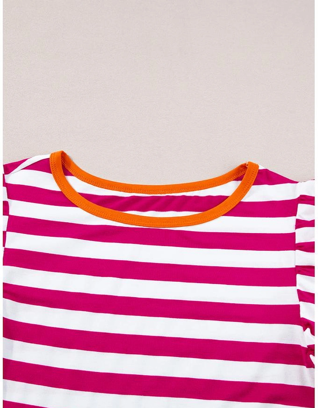 Rose Red Striped Ruffle Sleeve Crew Neck Blouse, 12 of 11