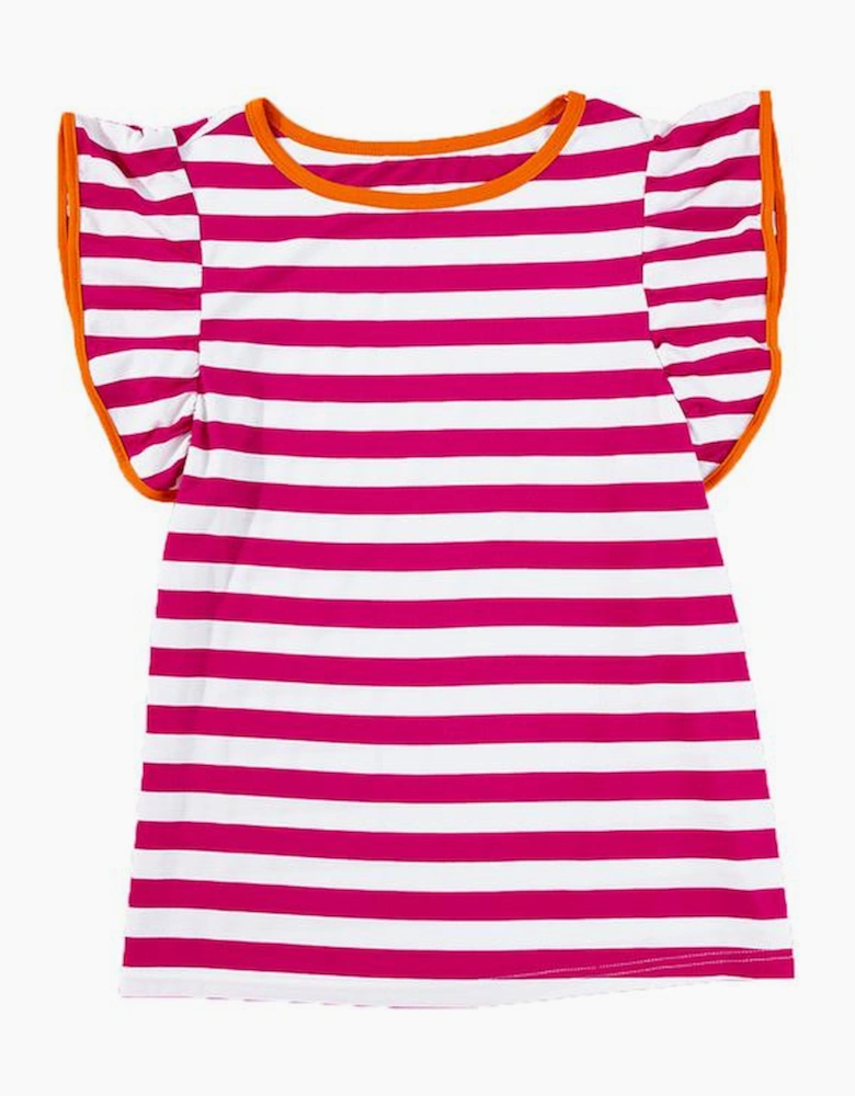 Rose Red Striped Ruffle Sleeve Crew Neck Blouse