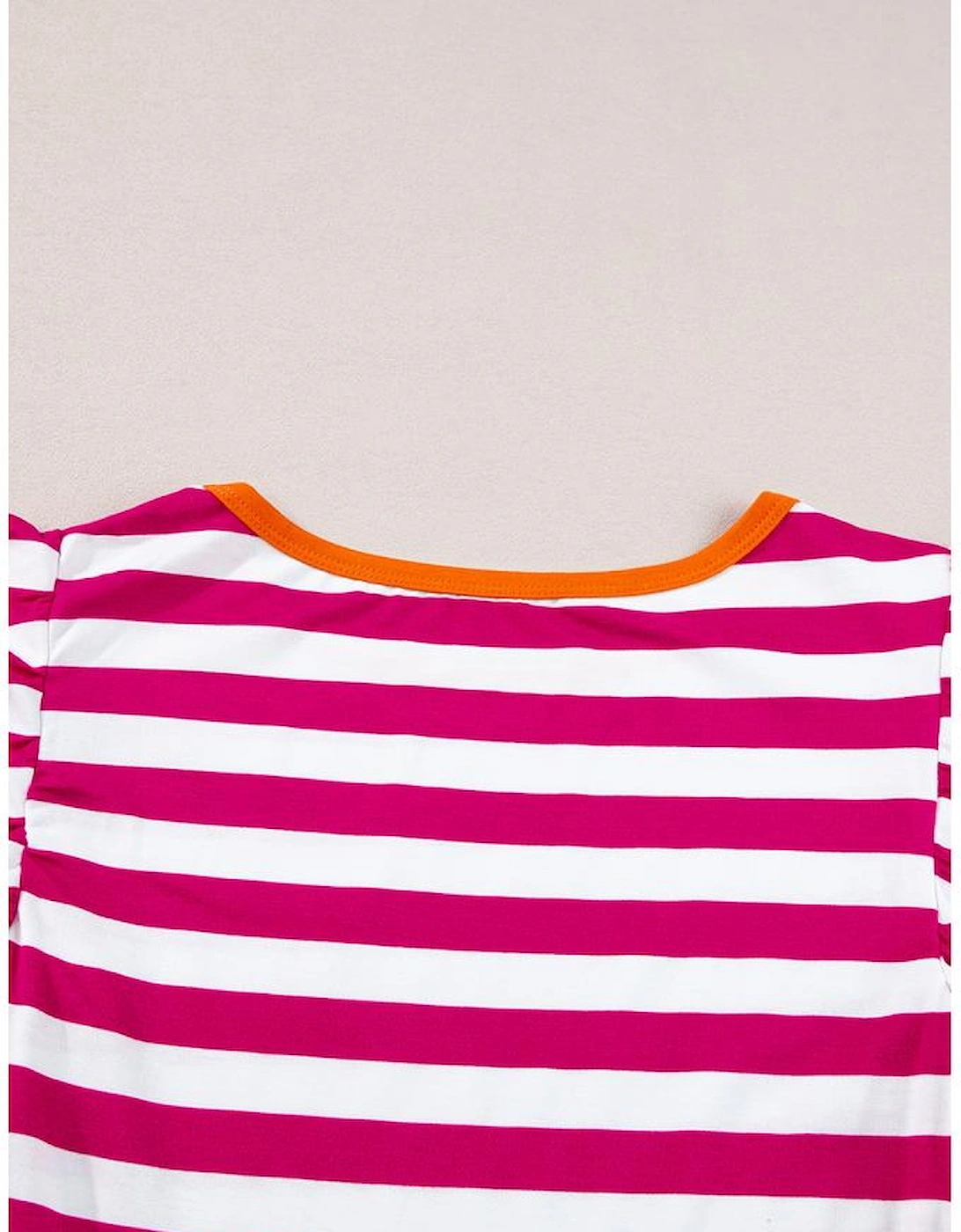 Rose Red Striped Ruffle Sleeve Crew Neck Blouse