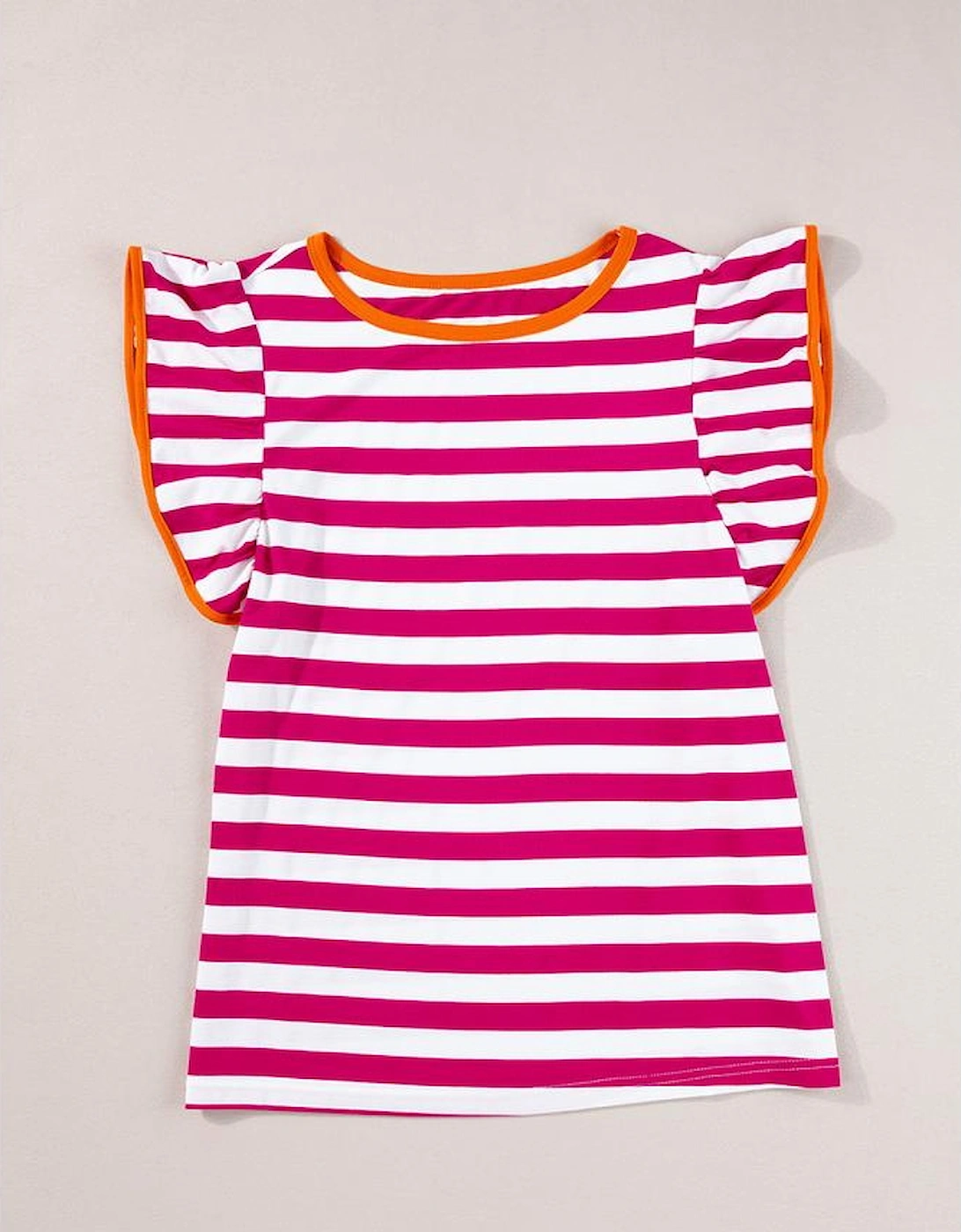 Rose Red Striped Ruffle Sleeve Crew Neck Blouse