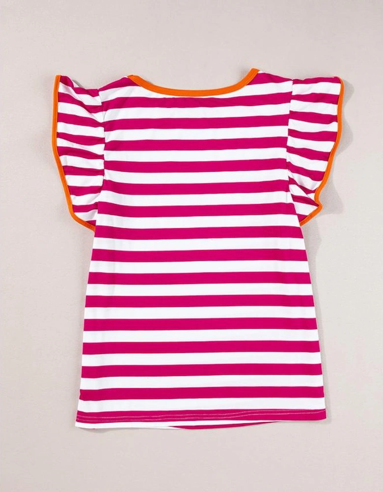 Rose Red Striped Ruffle Sleeve Crew Neck Blouse