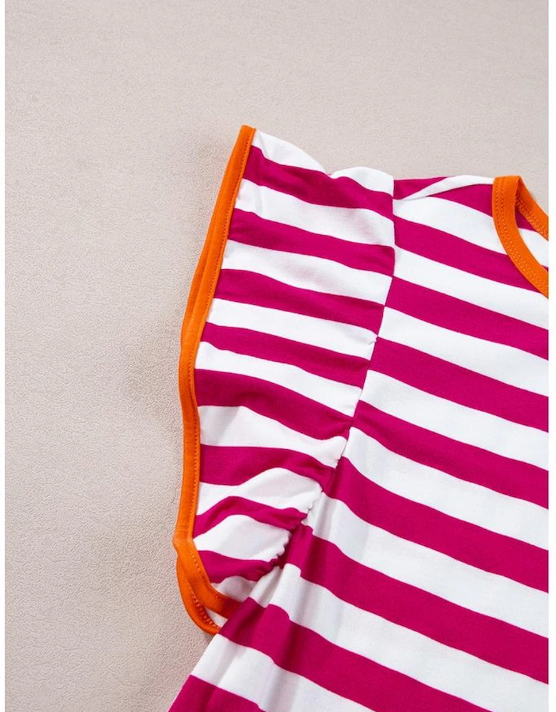 Rose Red Striped Ruffle Sleeve Crew Neck Blouse