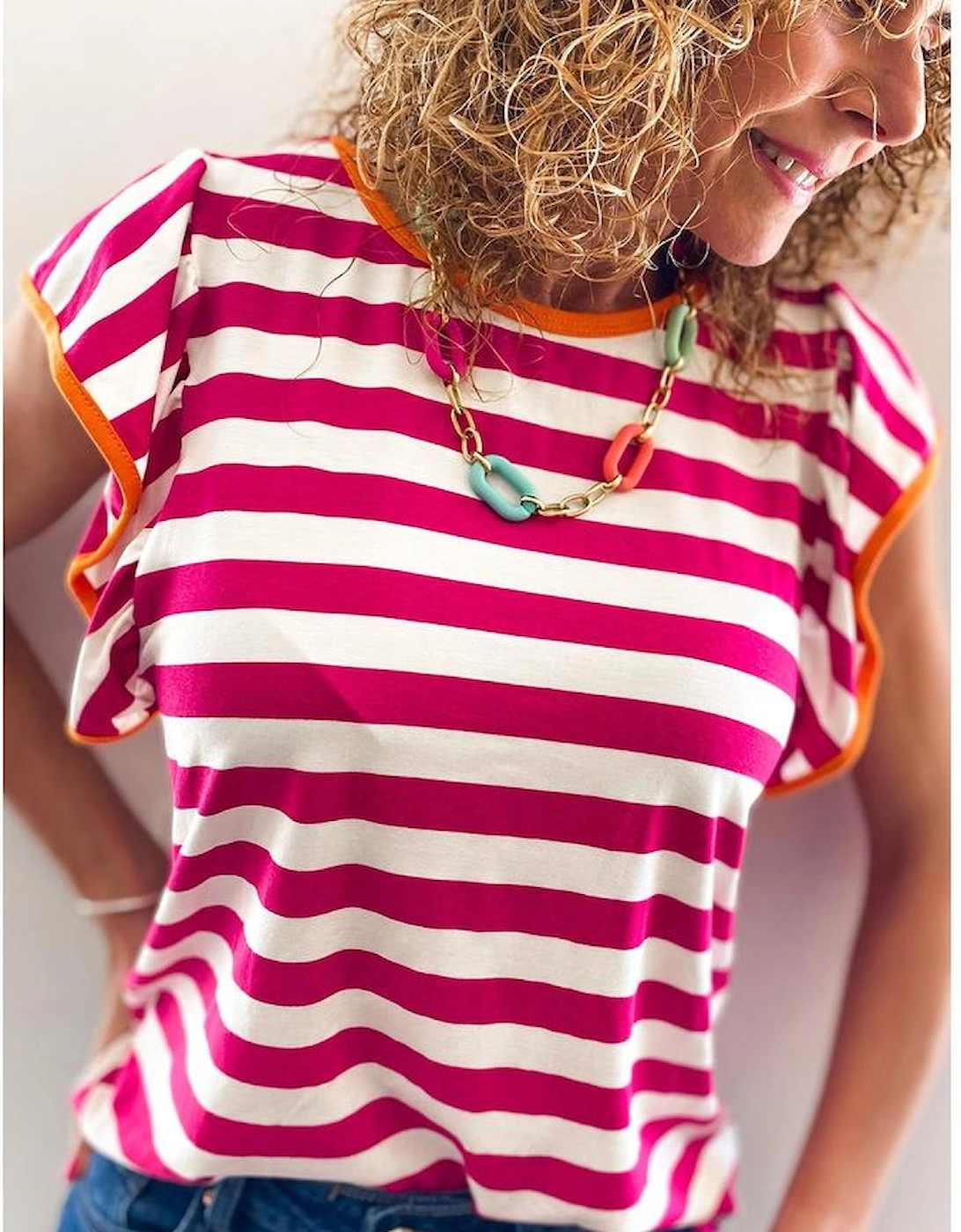 Rose Red Striped Ruffle Sleeve Crew Neck Blouse