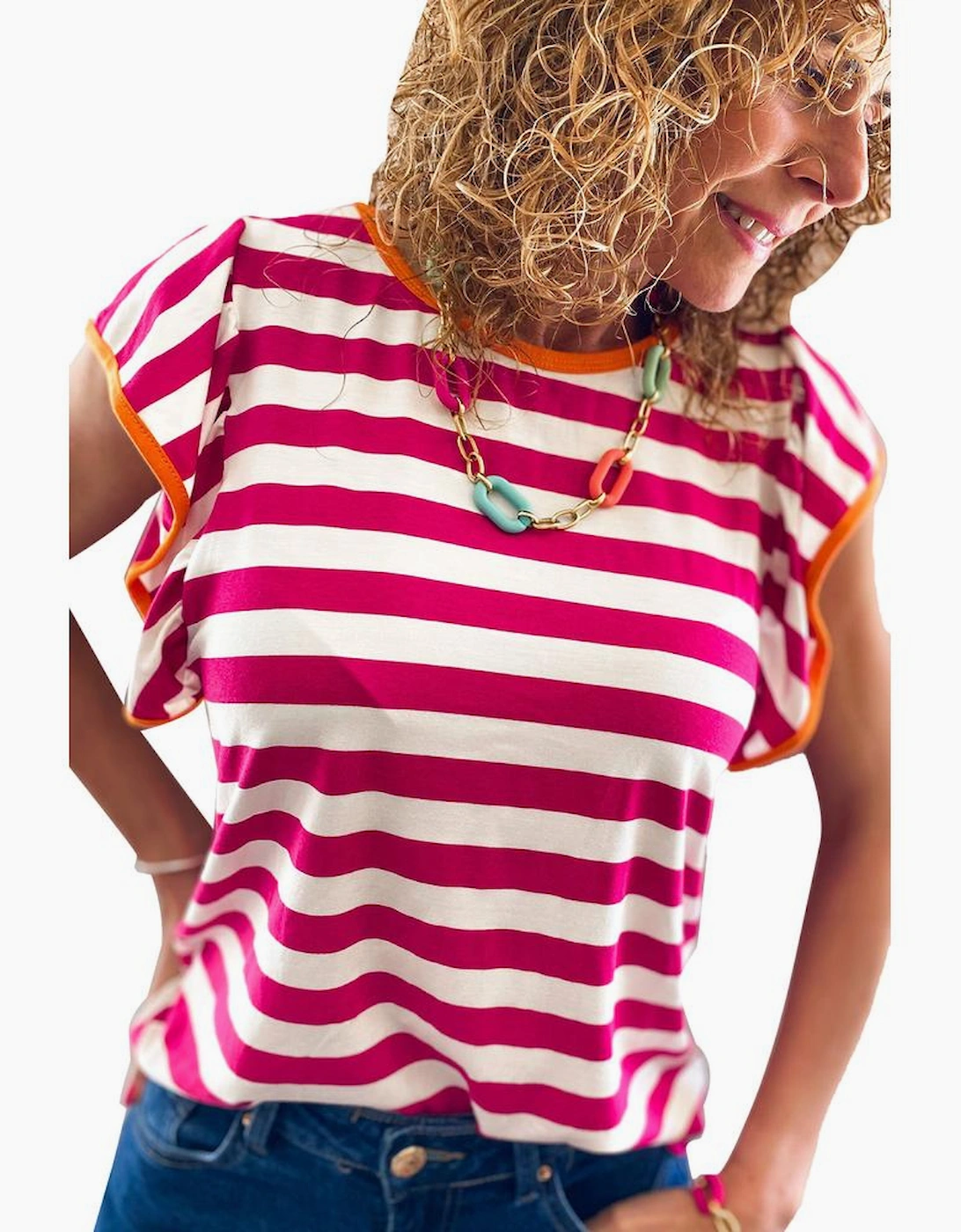 Rose Red Striped Ruffle Sleeve Crew Neck Blouse