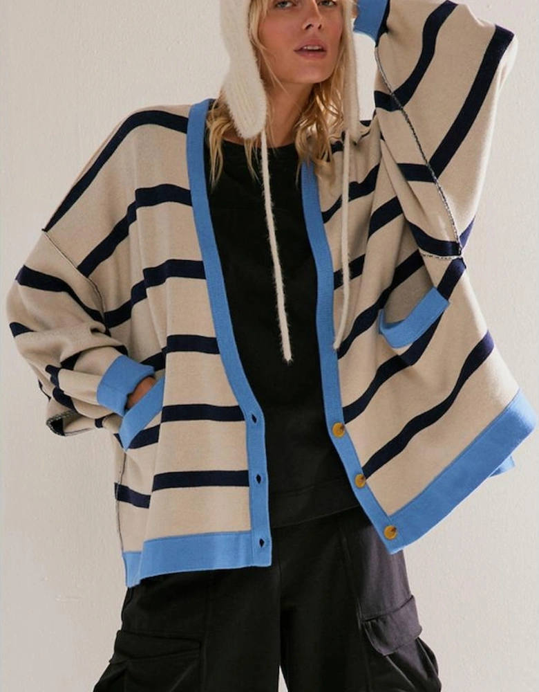 White Colorblock Drop Shoulder Buttoned Loose Cardigan