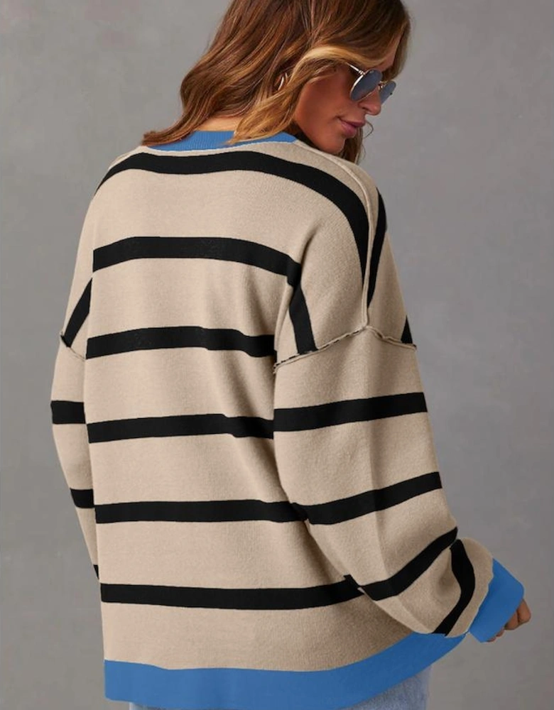 White Colorblock Drop Shoulder Buttoned Loose Cardigan