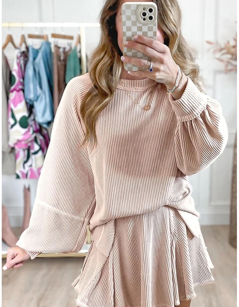 Jet Stream Corded Lantern Sleeve Top High Waist Ruffled Mini Skirt Set