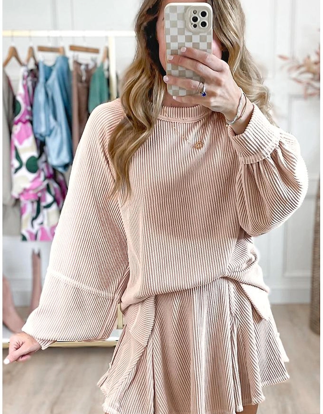 Jet Stream Corded Lantern Sleeve Top High Waist Ruffled Mini Skirt Set