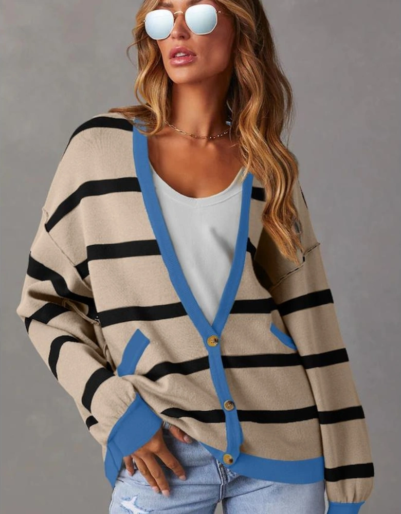White Colorblock Drop Shoulder Buttoned Loose Cardigan