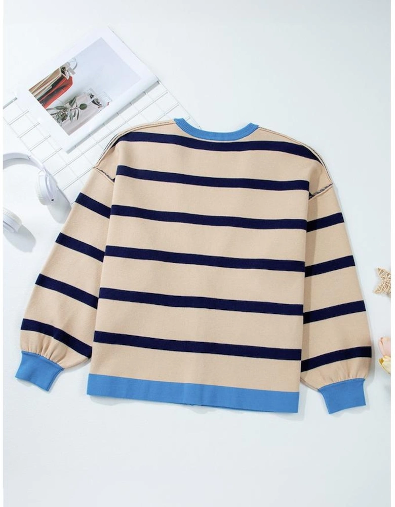 White Colorblock Drop Shoulder Buttoned Loose Cardigan