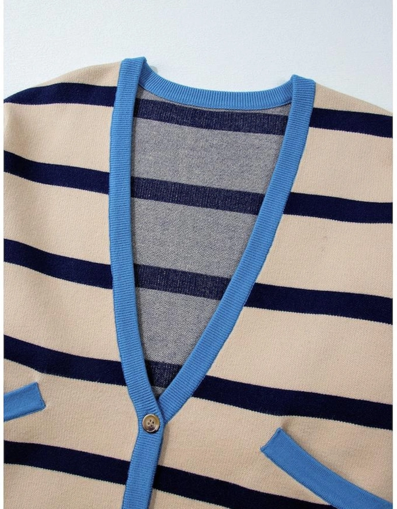 White Colorblock Drop Shoulder Buttoned Loose Cardigan