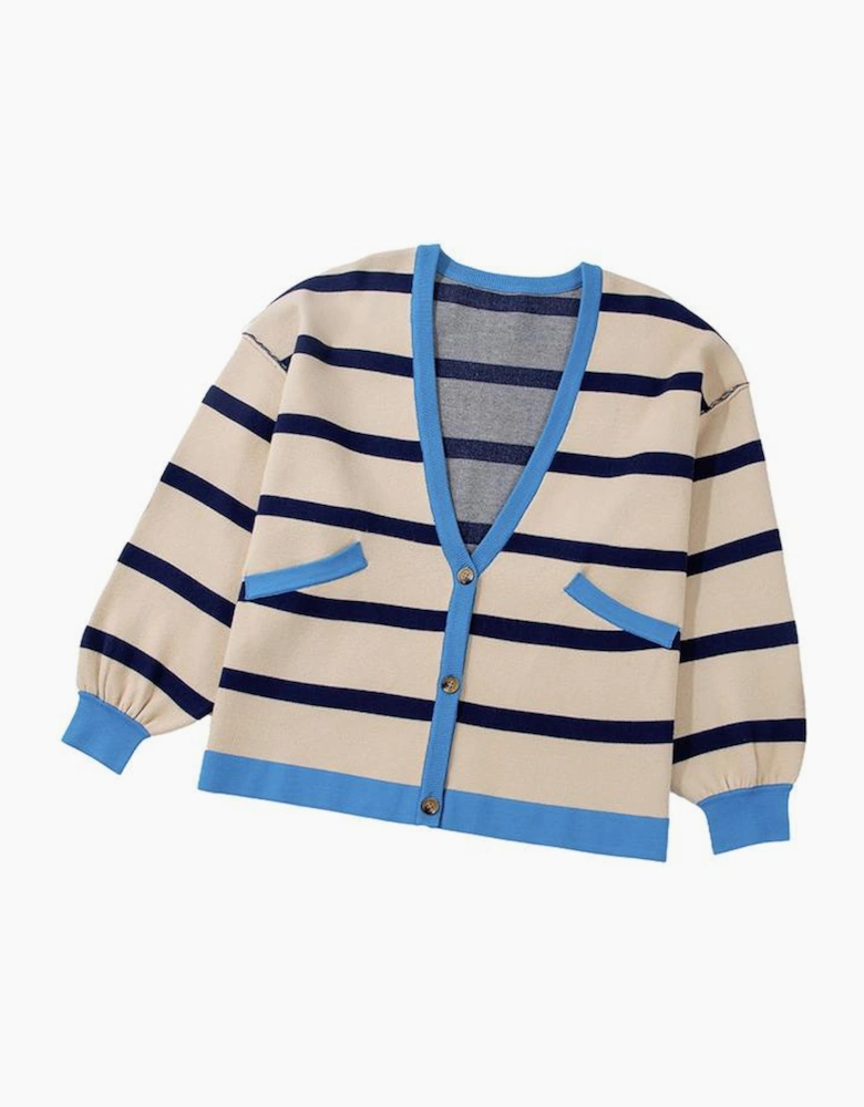 White Colorblock Drop Shoulder Buttoned Loose Cardigan