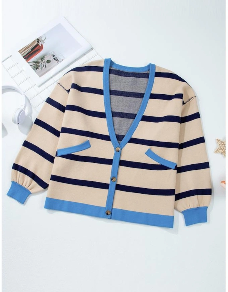 White Colorblock Drop Shoulder Buttoned Loose Cardigan