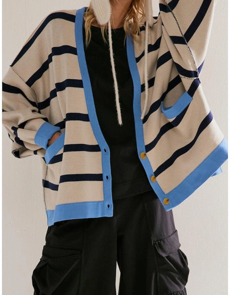 White Colorblock Drop Shoulder Buttoned Loose Cardigan