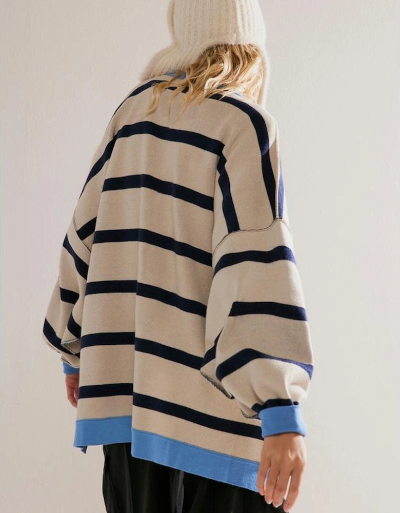 White Colorblock Drop Shoulder Buttoned Loose Cardigan