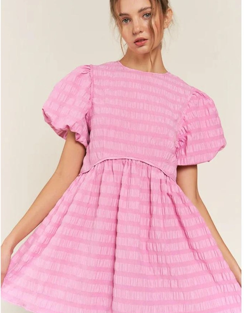 Bonbon Textured Bubble Sleeve High Waist Mini Dress
