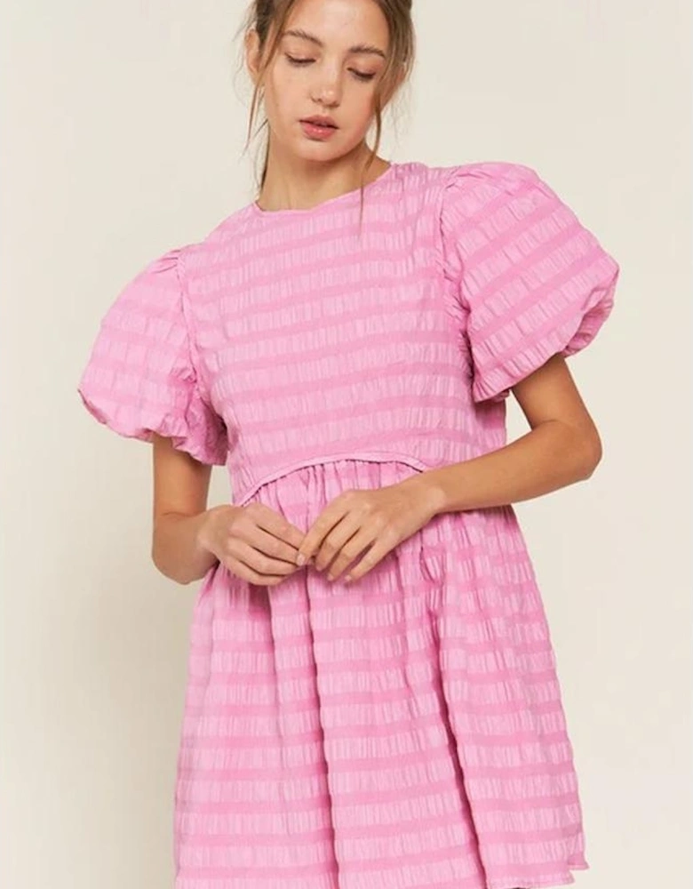 Bonbon Textured Bubble Sleeve High Waist Mini Dress