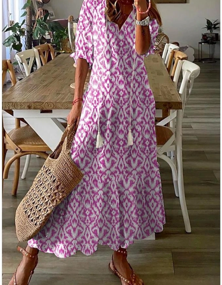 Pink V Neck Casual Geometric Print Maxi Dress