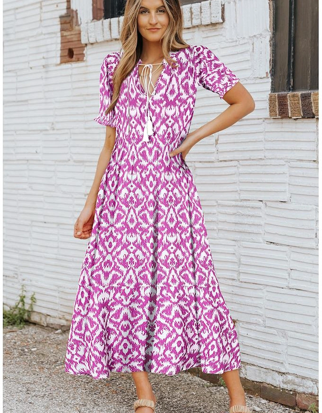 Pink V Neck Casual Geometric Print Maxi Dress, 4 of 3