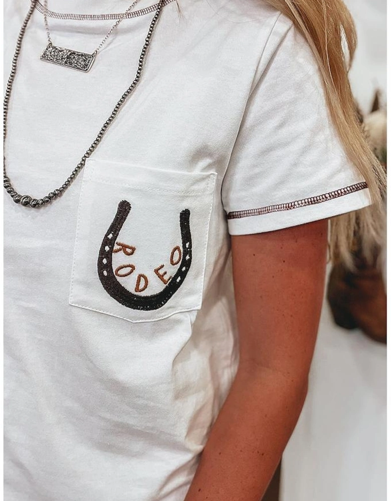 White RODEO Horseshoe Embroidered Patch Pocket T Shirt