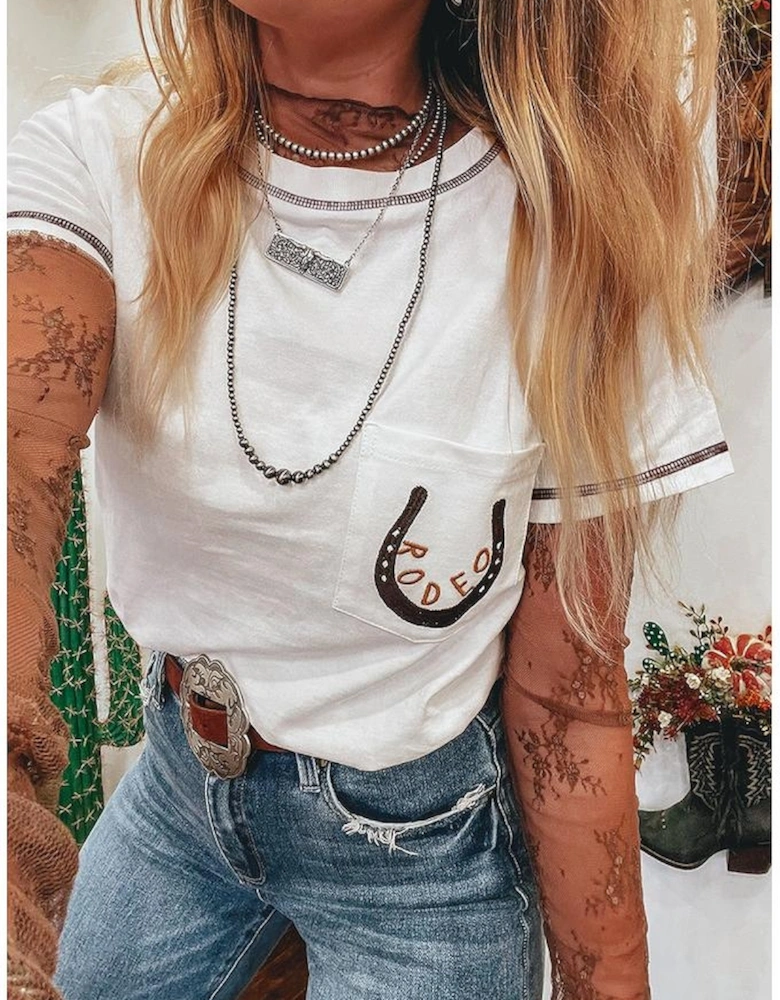 White RODEO Horseshoe Embroidered Patch Pocket T Shirt