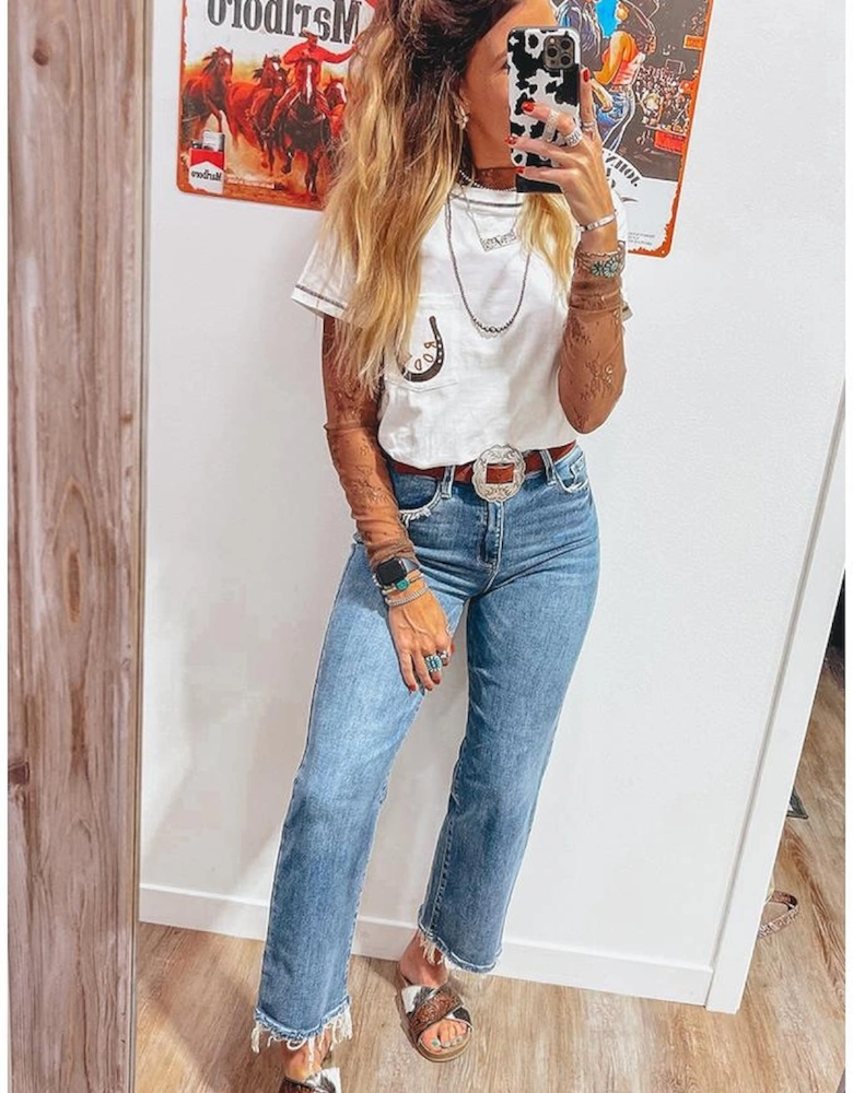 White RODEO Horseshoe Embroidered Patch Pocket T Shirt