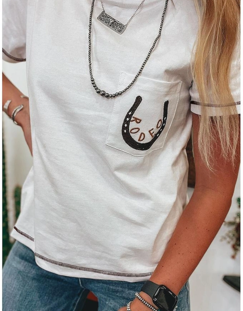 White RODEO Horseshoe Embroidered Patch Pocket T Shirt