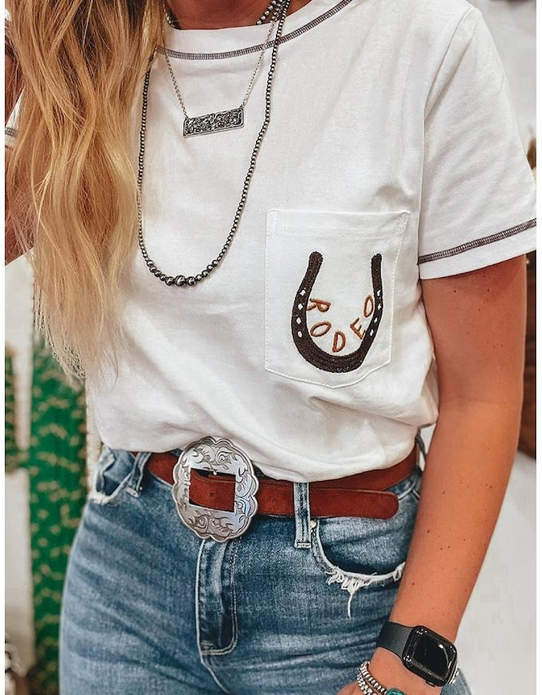 White RODEO Horseshoe Embroidered Patch Pocket T Shirt, 16 of 15