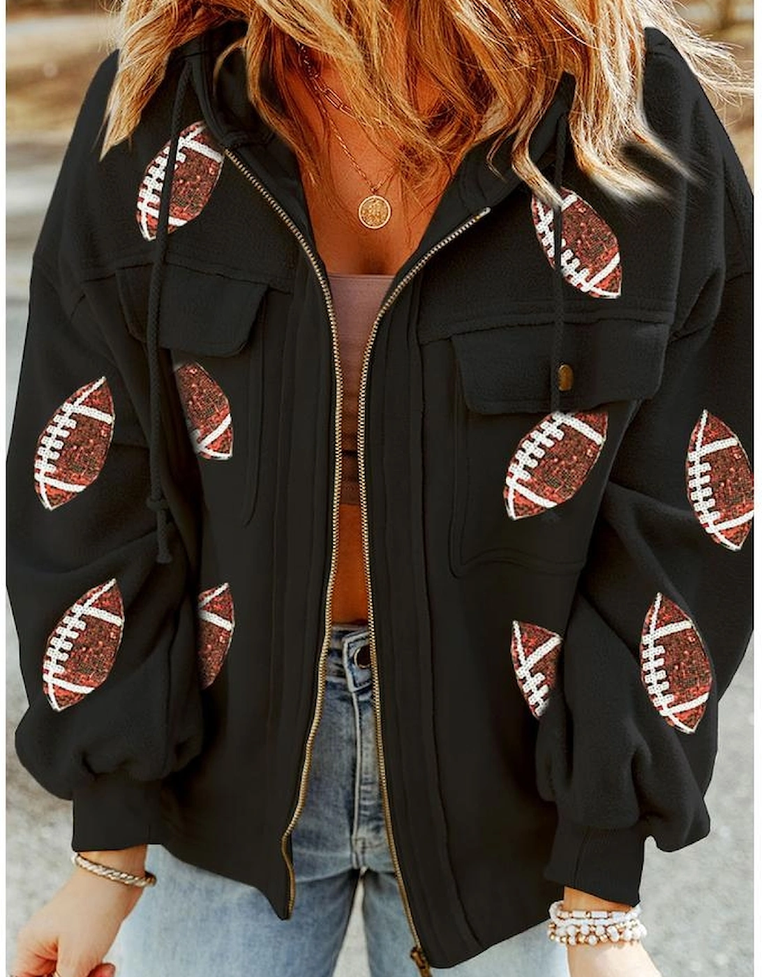 Black Sequined Rugby Football Pattern Pocketed Zipper Hooded Jacket