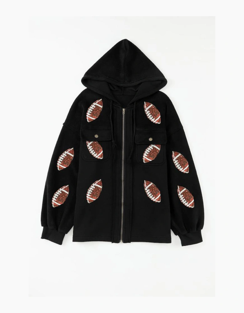 Black Sequined Rugby Football Pattern Pocketed Zipper Hooded Jacket