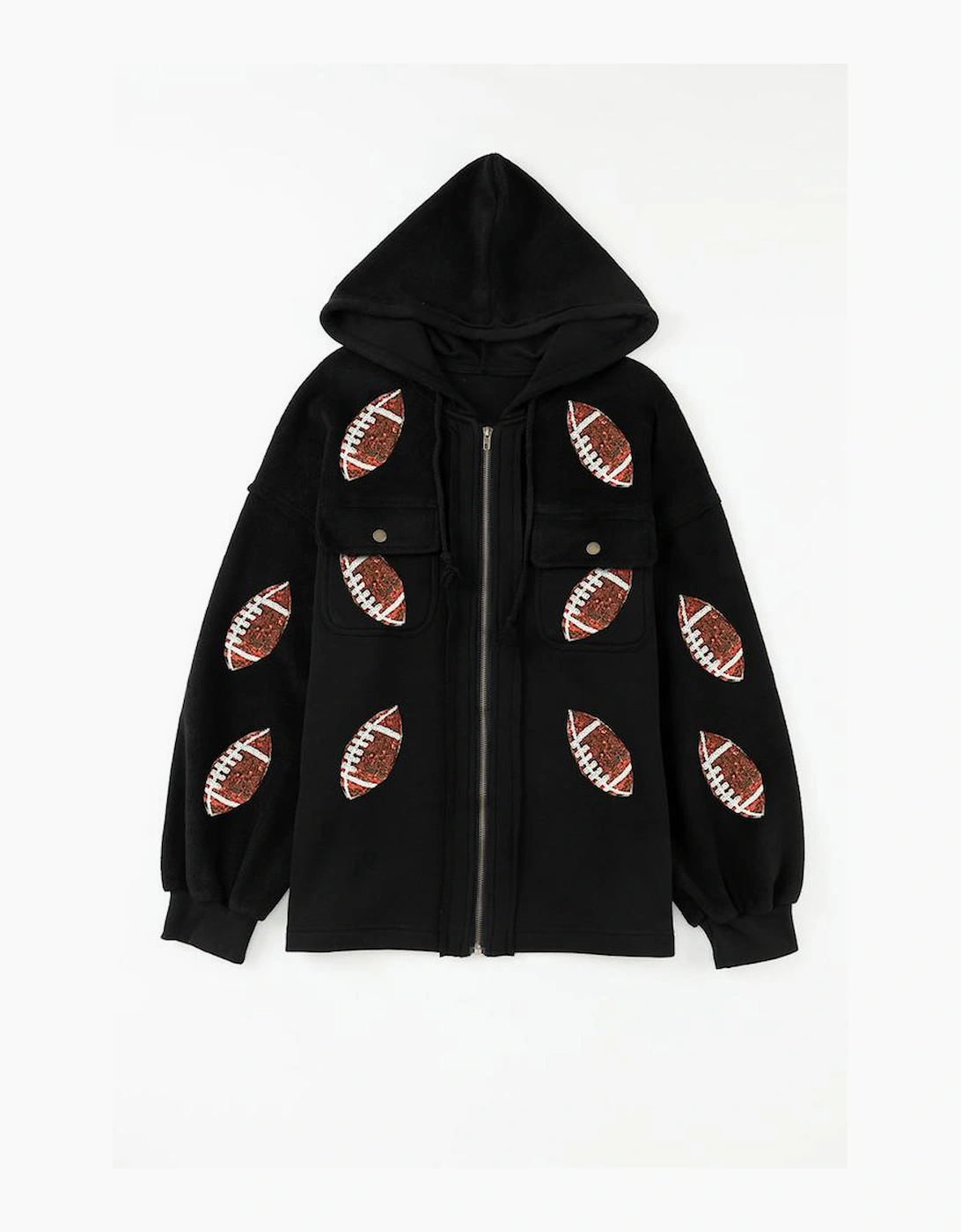 Black Sequined Rugby Football Pattern Pocketed Zipper Hooded Jacket