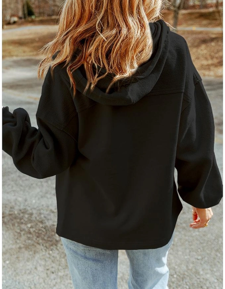 Black Sequined Rugby Football Pattern Pocketed Zipper Hooded Jacket