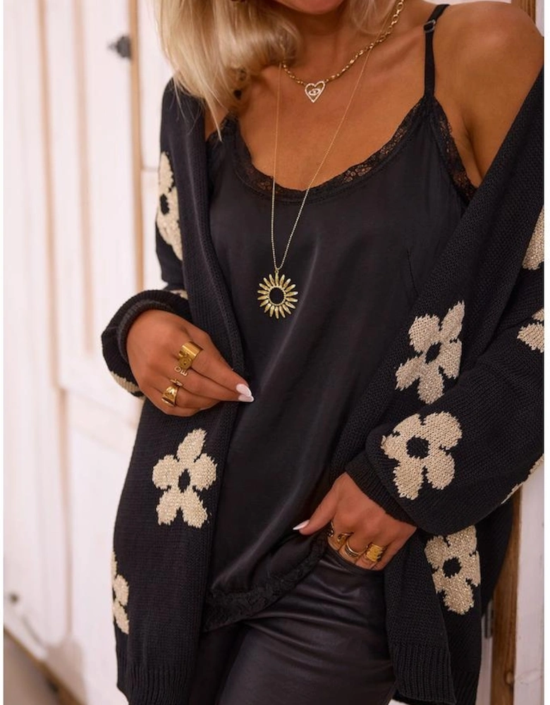 Black Floral Print Knitted Open Front Loose Cardigan