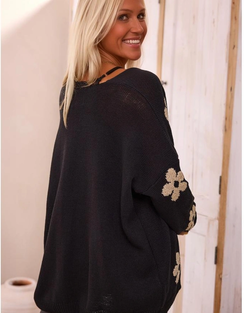 Black Floral Print Knitted Open Front Loose Cardigan