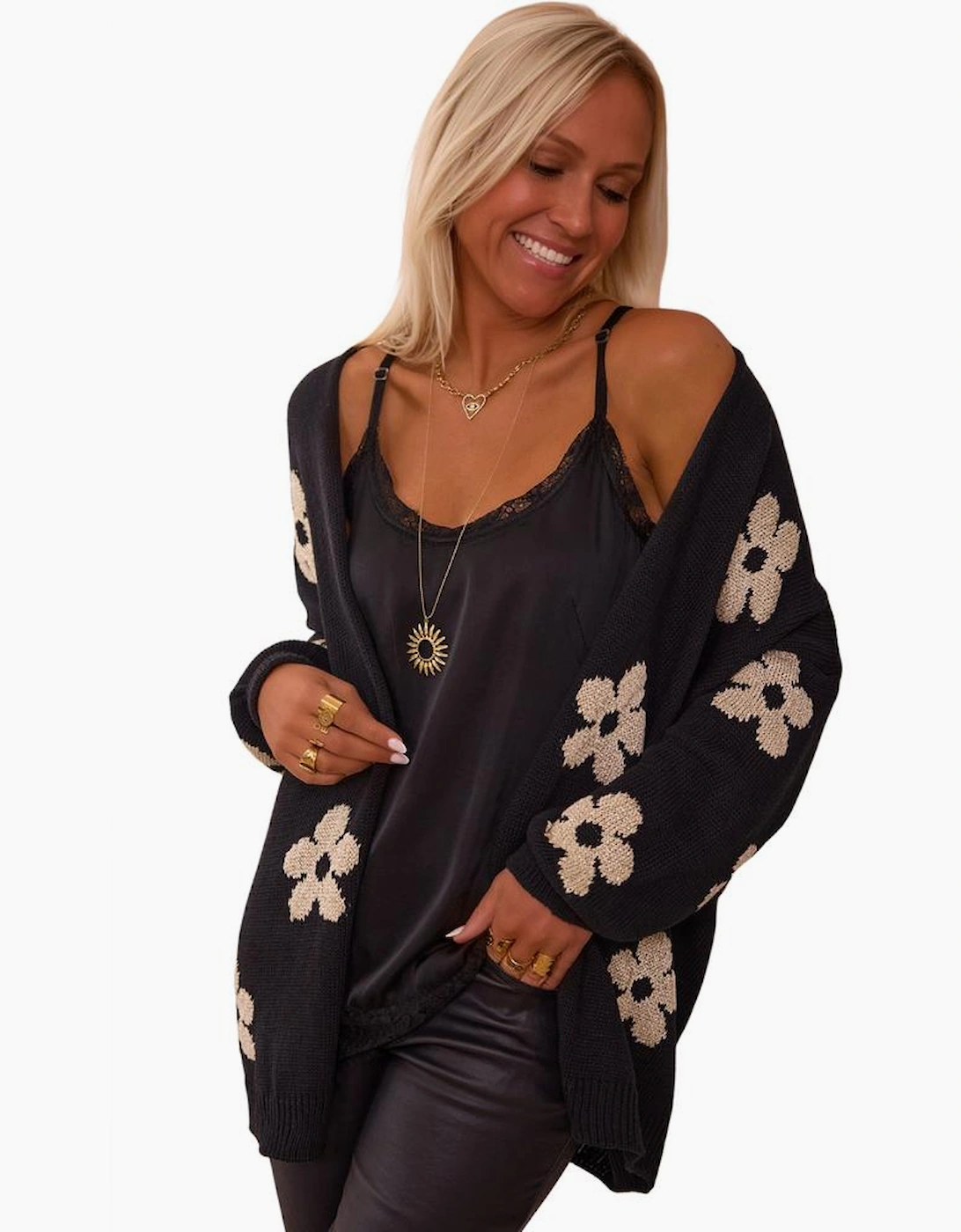 Black Floral Print Knitted Open Front Loose Cardigan