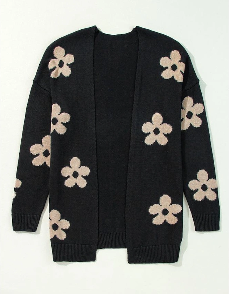 Black Floral Print Knitted Open Front Loose Cardigan