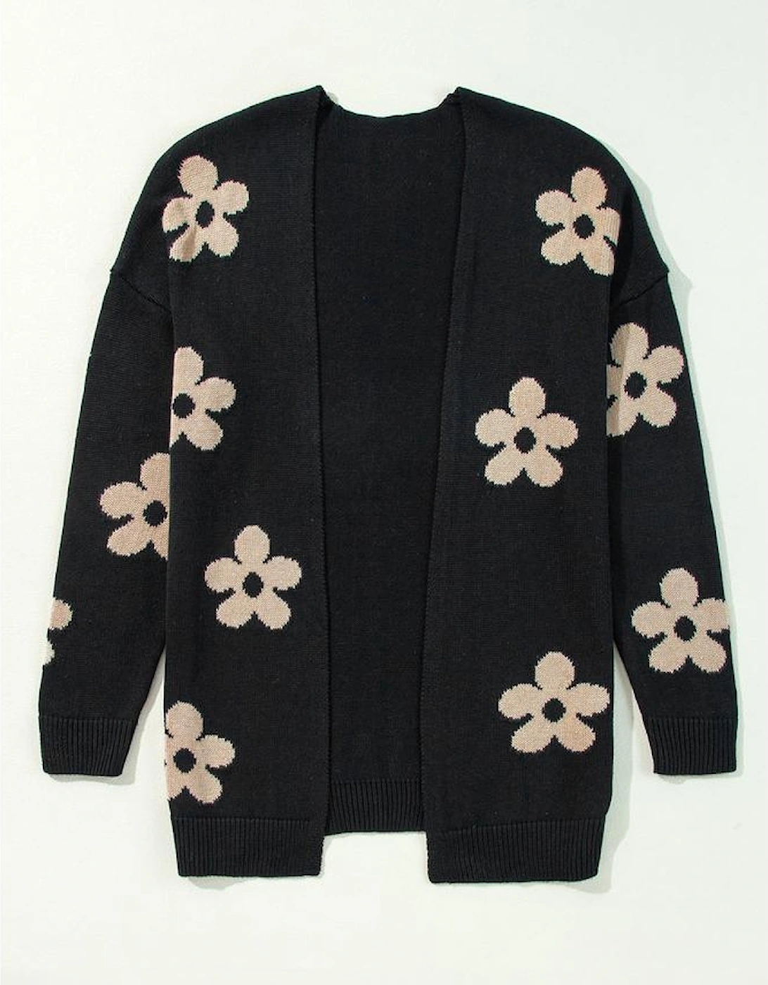 Black Floral Print Knitted Open Front Loose Cardigan
