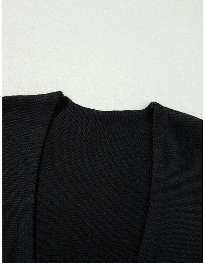 Black Floral Print Knitted Open Front Loose Cardigan