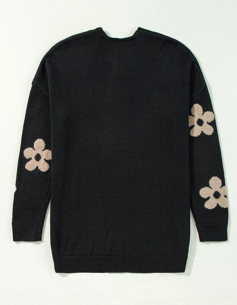 Black Floral Print Knitted Open Front Loose Cardigan