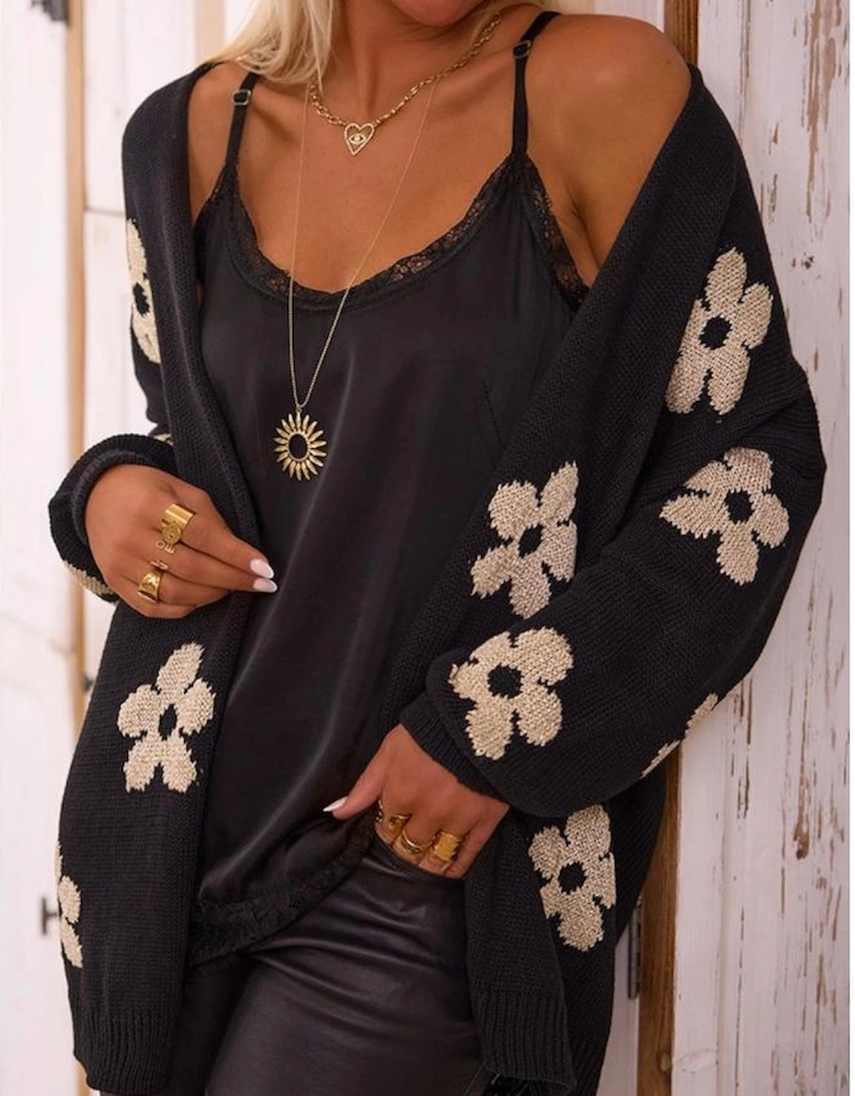 Black Floral Print Knitted Open Front Loose Cardigan