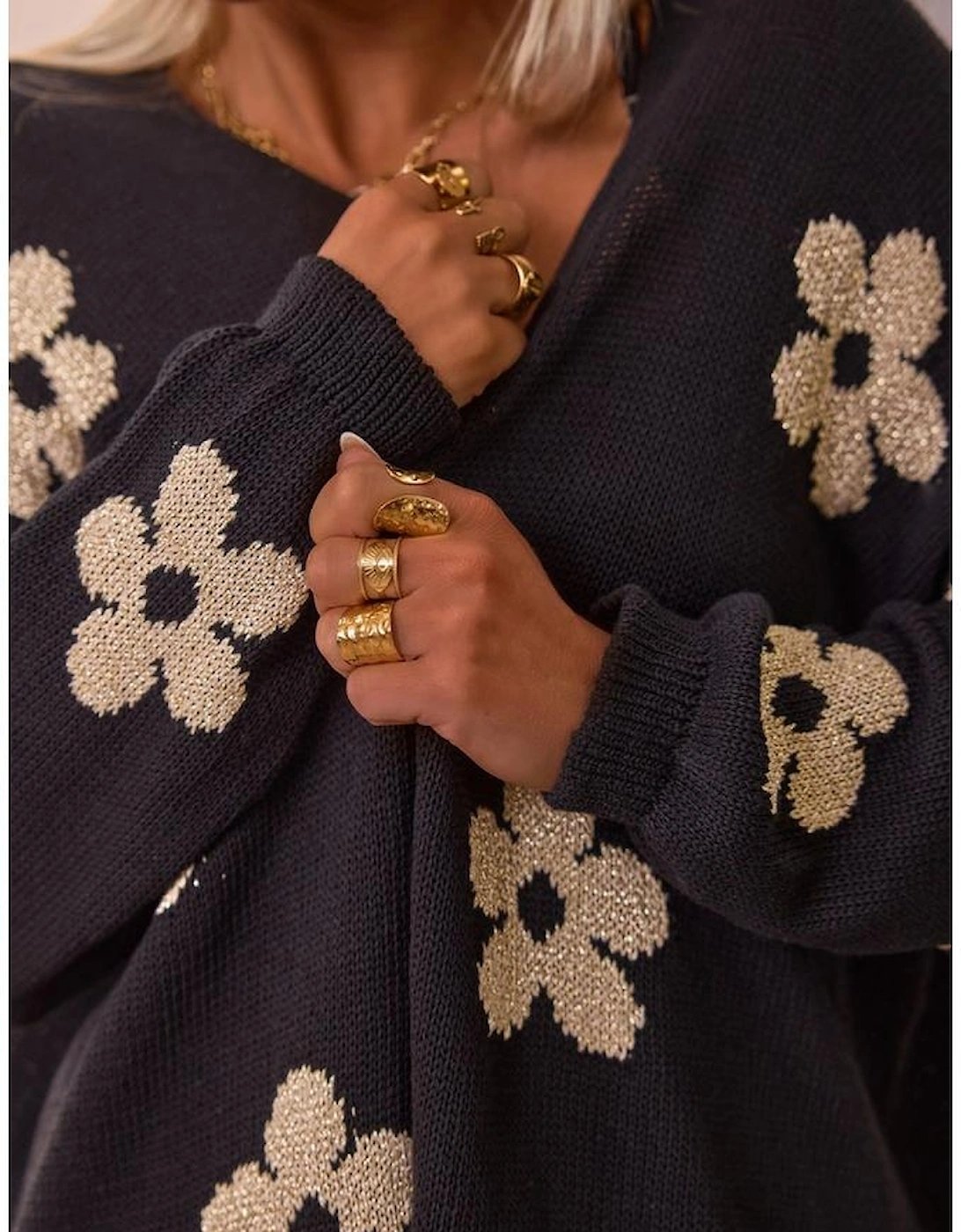 Black Floral Print Knitted Open Front Loose Cardigan