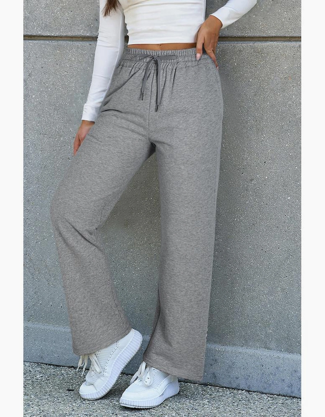 Light Grey Solid Color Fleece Lined Drawstring Waist Casual Pants