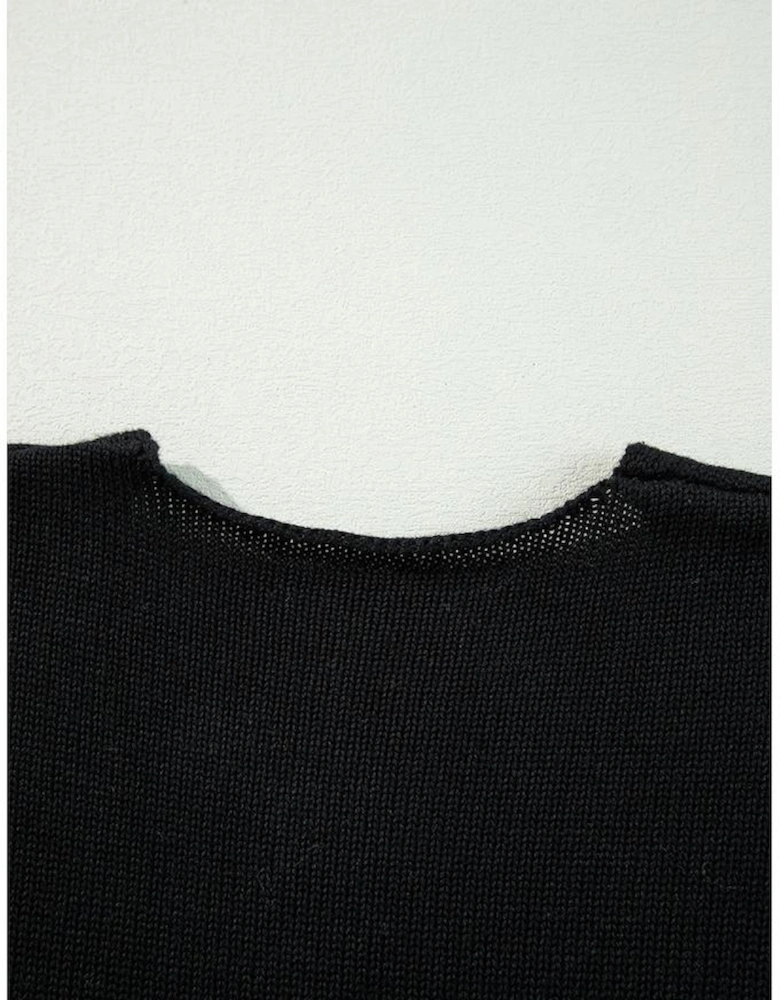 Black Floral Print Knitted Open Front Loose Cardigan