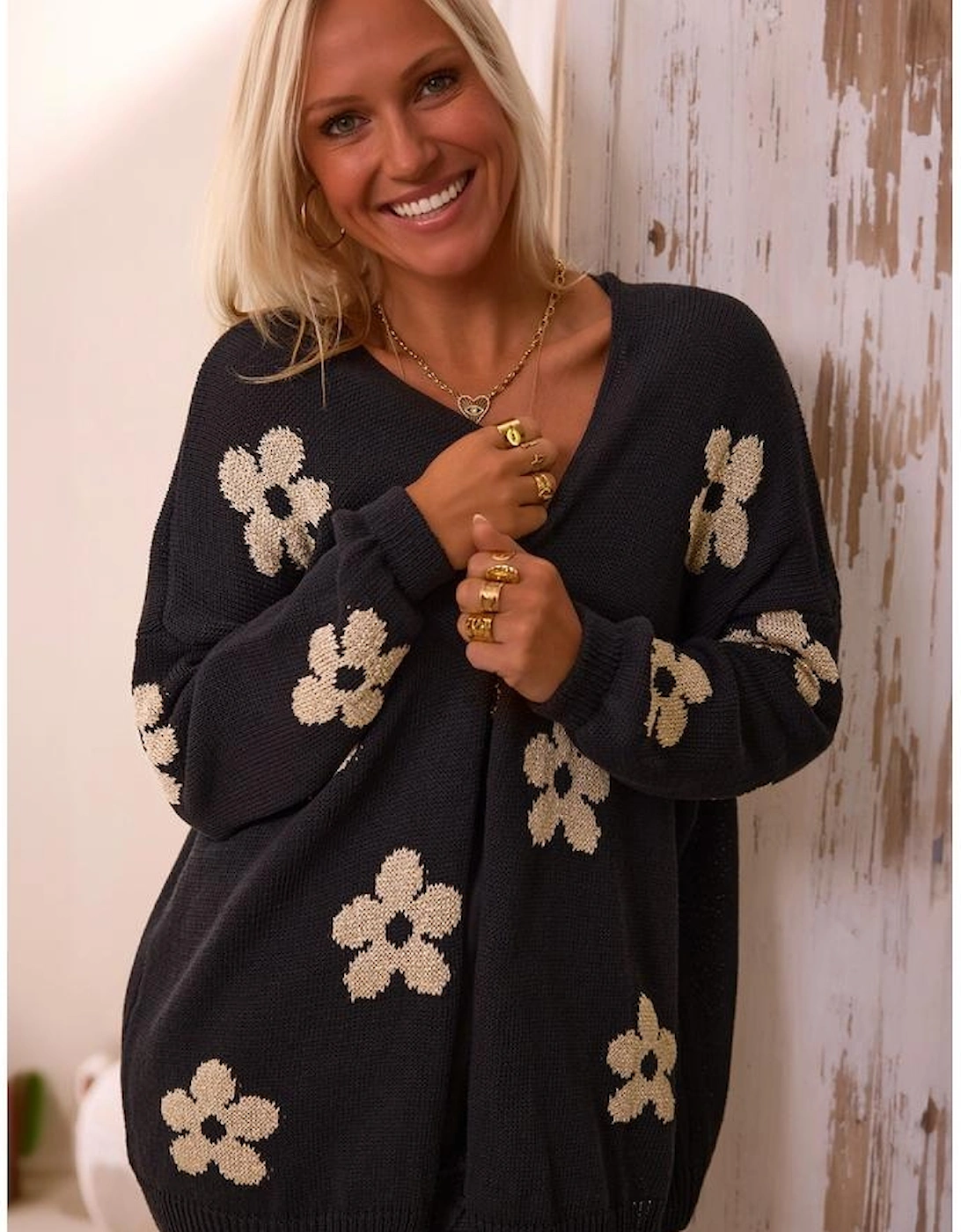Black Floral Print Knitted Open Front Loose Cardigan