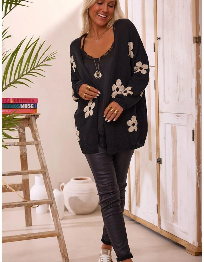 Black Floral Print Knitted Open Front Loose Cardigan
