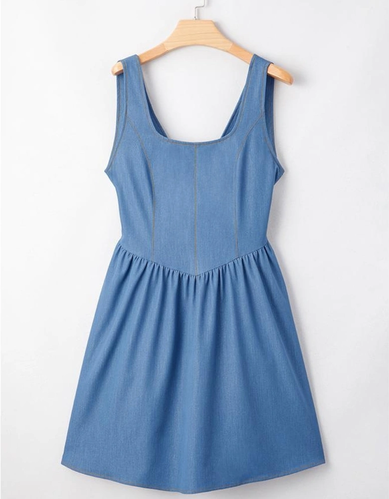 Myosotis Square Neck Pleated Waist V Cut Backless Tied Fit and Flare Dress
