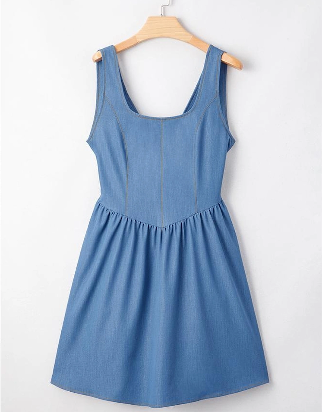 Myosotis Square Neck Pleated Waist V Cut Backless Tied Fit and Flare Dress