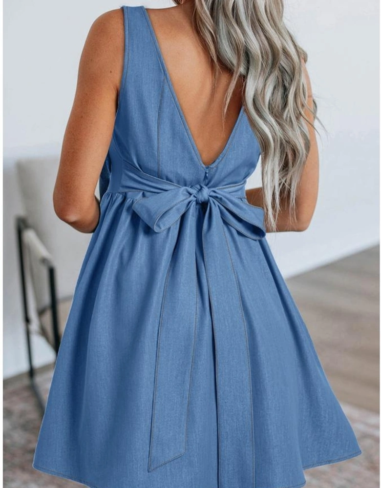 Myosotis Square Neck Pleated Waist V Cut Backless Tied Fit and Flare Dress
