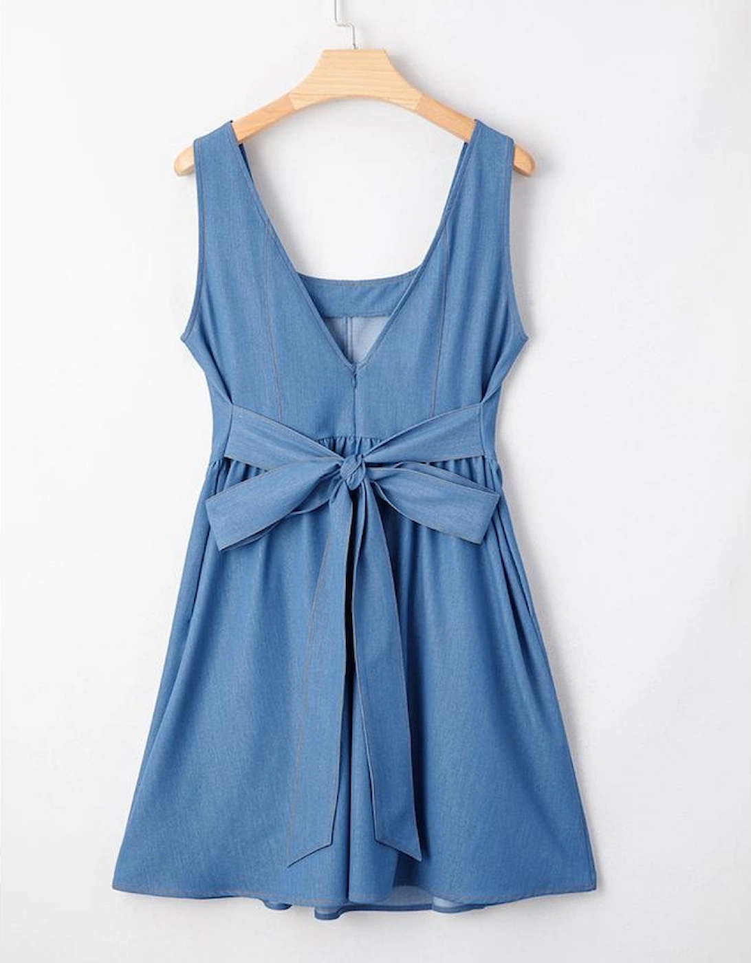 Myosotis Square Neck Pleated Waist V Cut Backless Tied Fit and Flare Dress